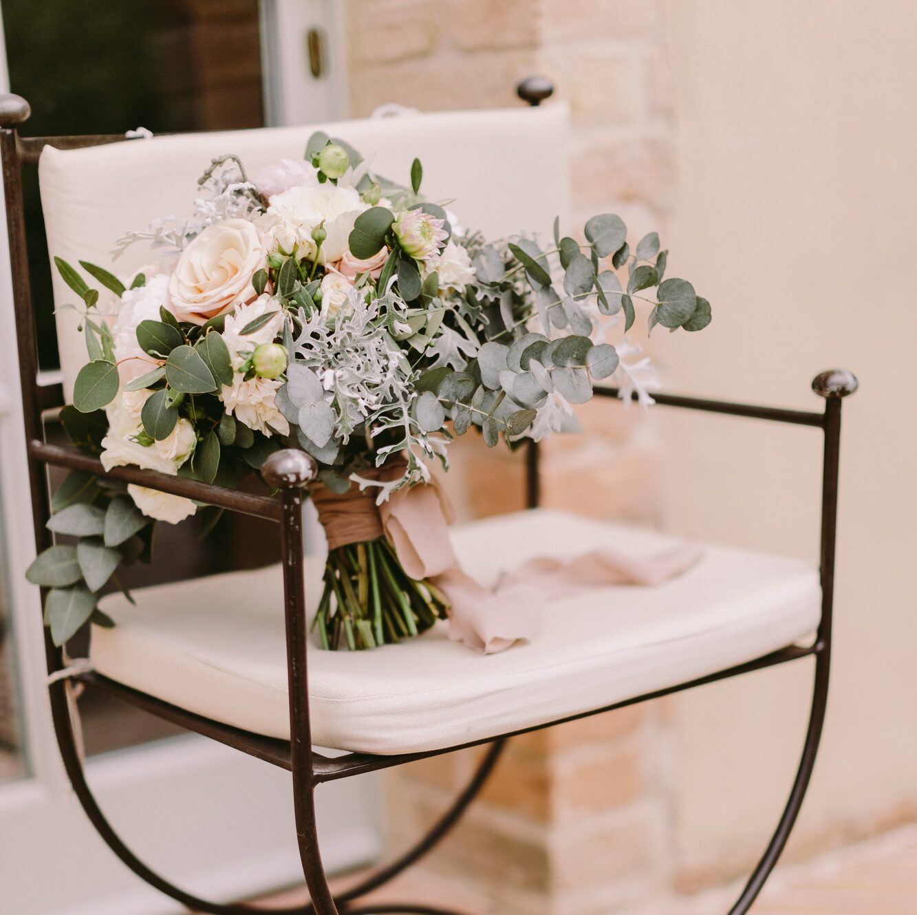 wedding bouquet with white peonies for rustic wedding